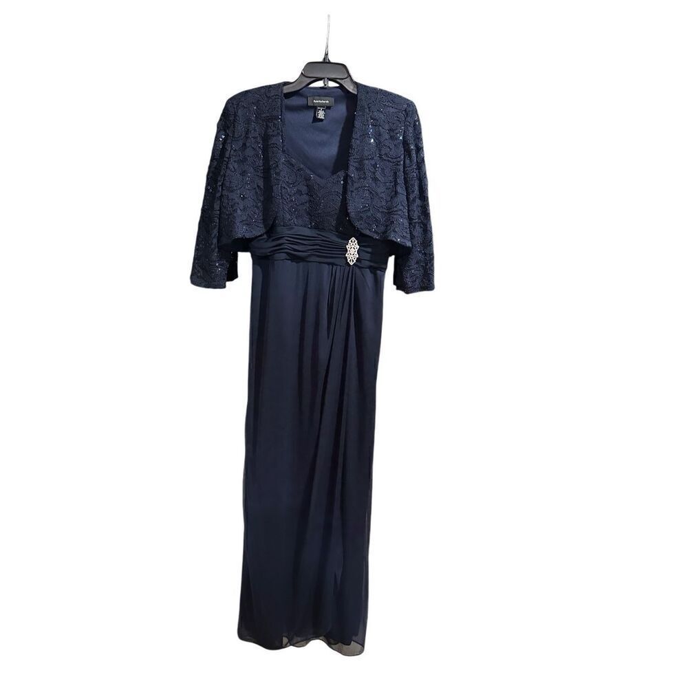 R & M Richards navy blue lace cocktail gown evening dress 8
